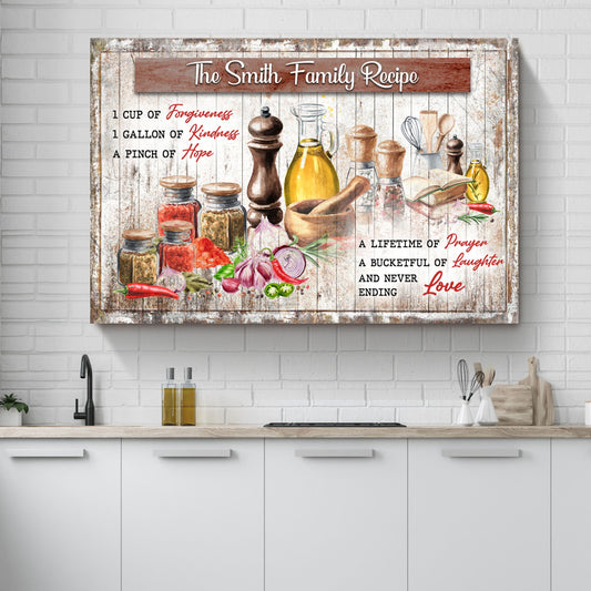 The Family Recipe personalized kitchen canvas sign with family name in rustic word art