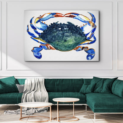 Crab watercolor coastal canvas wall art in soft blue hues, ready to hang