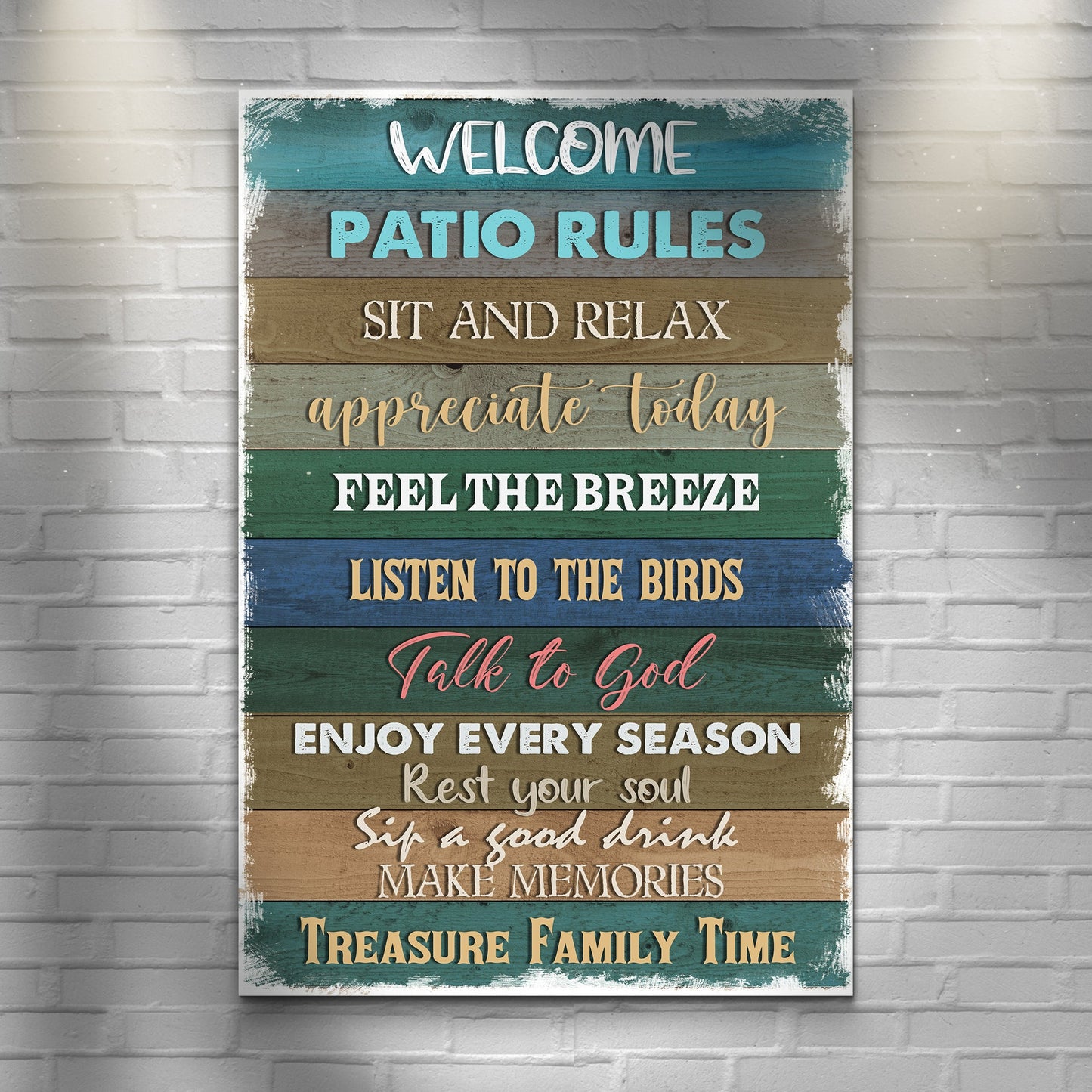 Personalized Patio Rules canvas sign with family name in rustic lettering