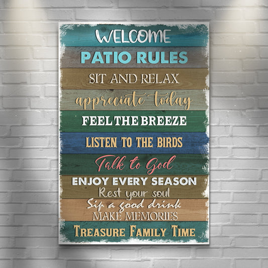 Personalized Patio Rules canvas sign with family name in rustic lettering