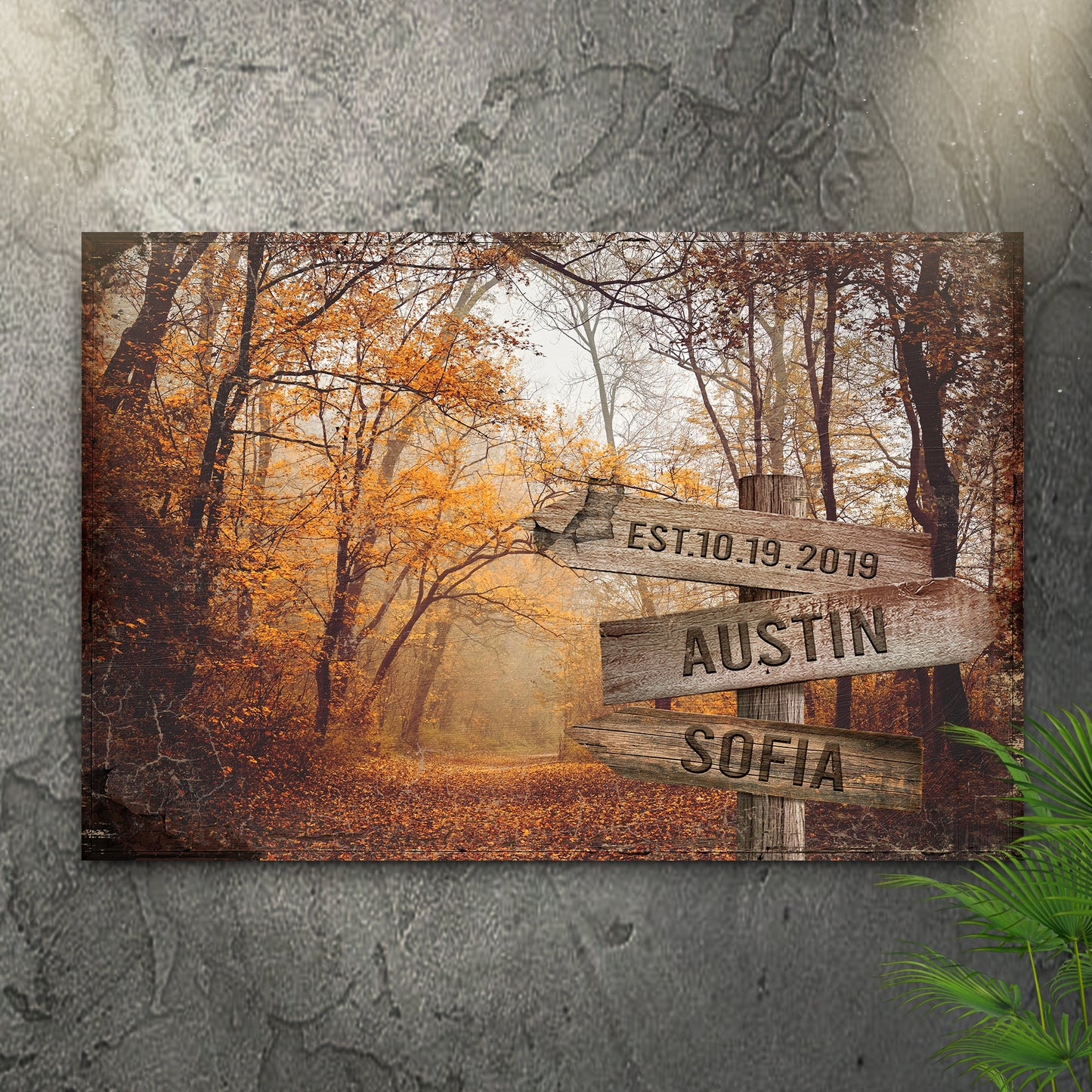 Personalized Autumn Road canvas sign with couple names and date