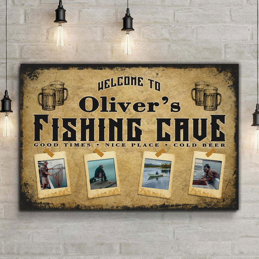 Personalized Welcome Fishing Cave rustic canvas sign with name