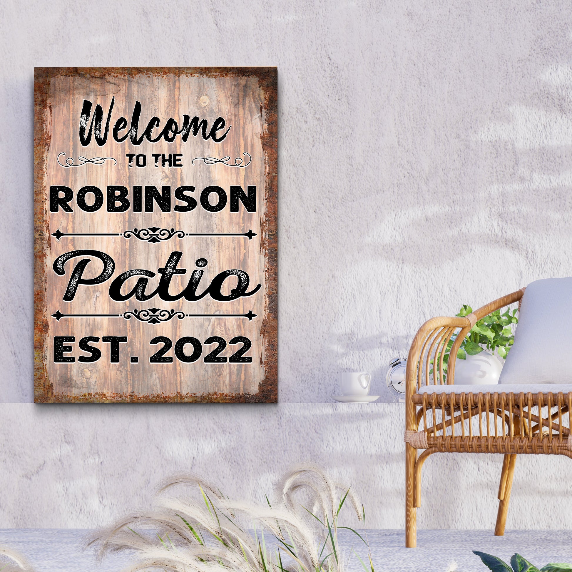 Personalized Welcome To The Patio rustic canvas wall sign with family name