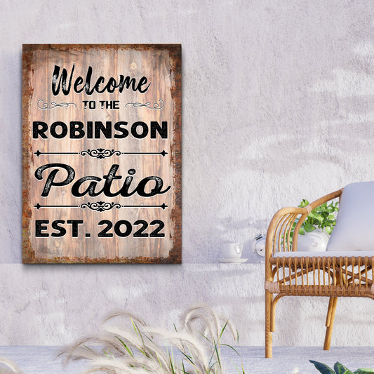Personalized Welcome To The Patio rustic canvas wall sign with family name
