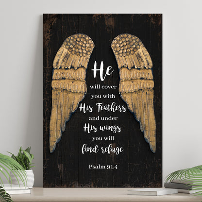 Under His Wings Golden Angel Wings canvas shown in a styled room setting, view 2