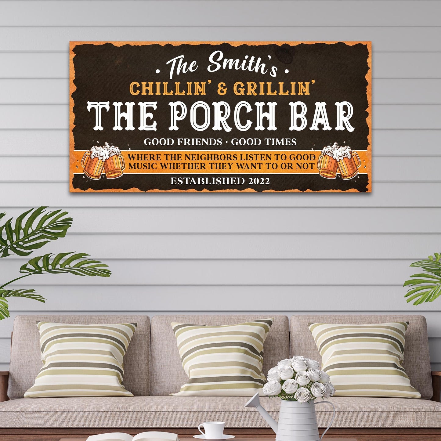 Personalized family porch bar rustic word-art canvas sign hanging on a wall