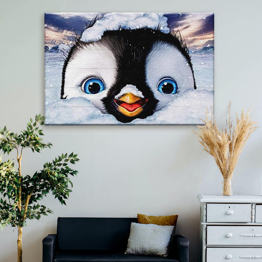 Penguin peekaboo painting canvas wall art with playful bird and soft colors