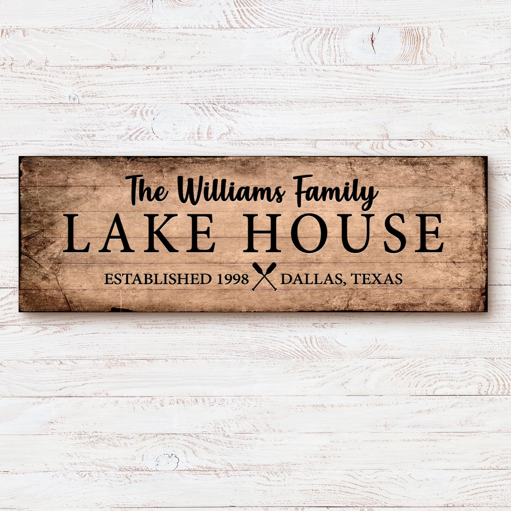 Personalized family lake house canvas sign with family name and year in rustic lettering