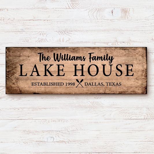 Personalized family lake house canvas sign with family name and year in rustic lettering