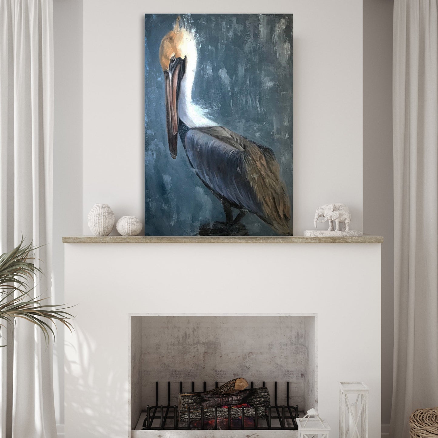 Pelican painting canvas wall art capturing bird mid-flight over coastal water