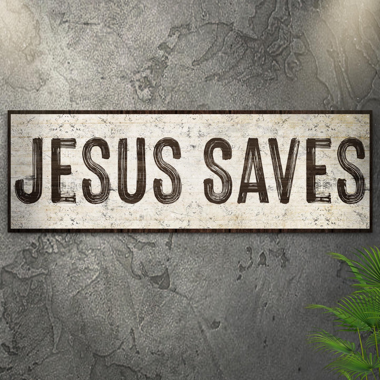 Jesus Saves Christian faith canvas wall art with bold vertical typography