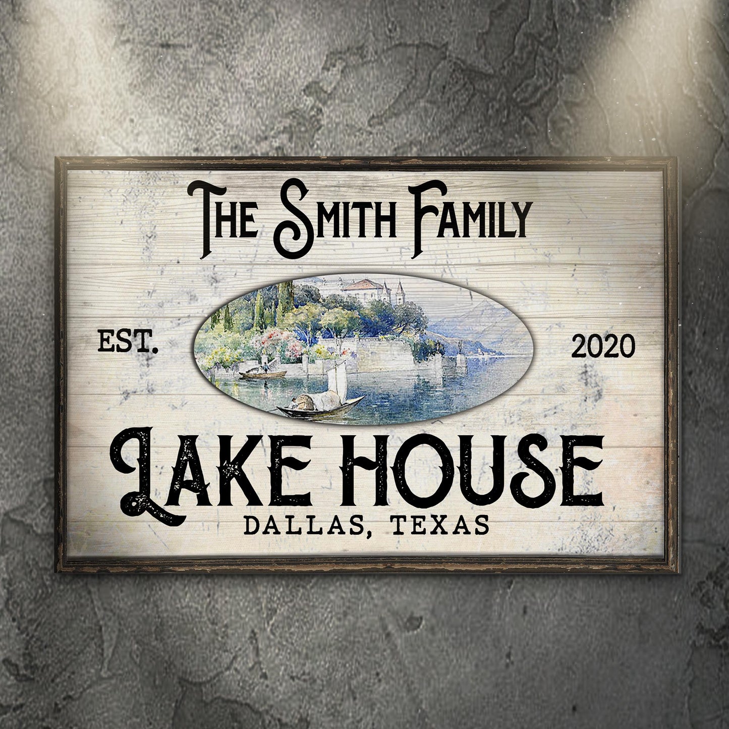 Personalized Family Lake House View canvas sign with family name and lake scene