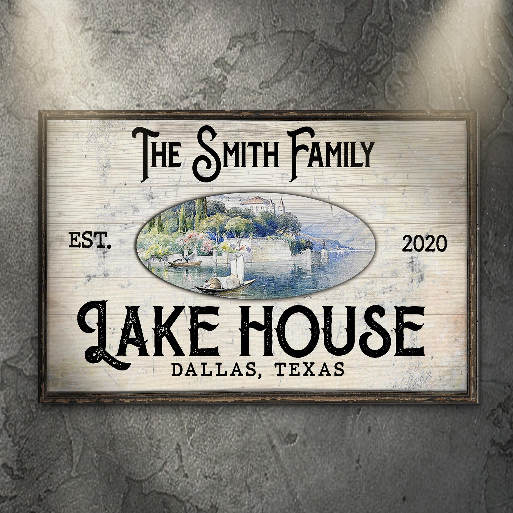 Personalized Family Lake House View canvas sign with family name and lake scene