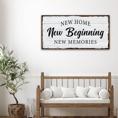 New Home New Beginning White Wood-Look Brush Script canvas shown in a styled room setting, view 3