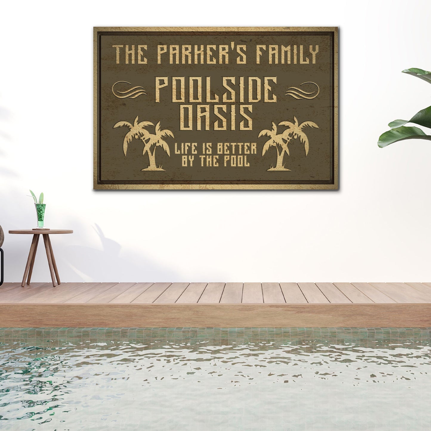 Personalized family swimming pool oasis canvas sign with family name in rustic poolside lettering