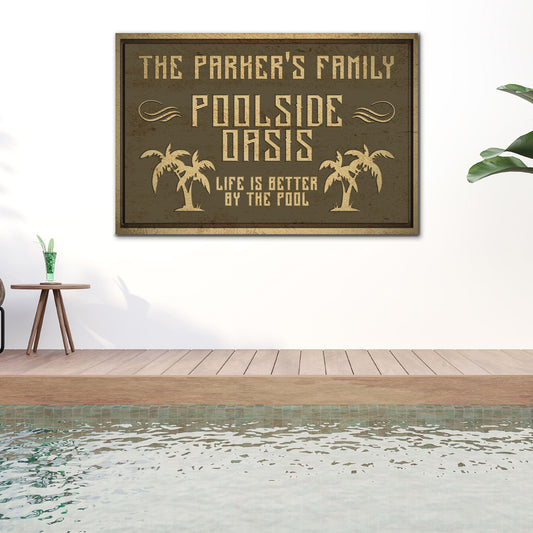 Personalized family swimming pool oasis canvas sign with family name in rustic poolside lettering