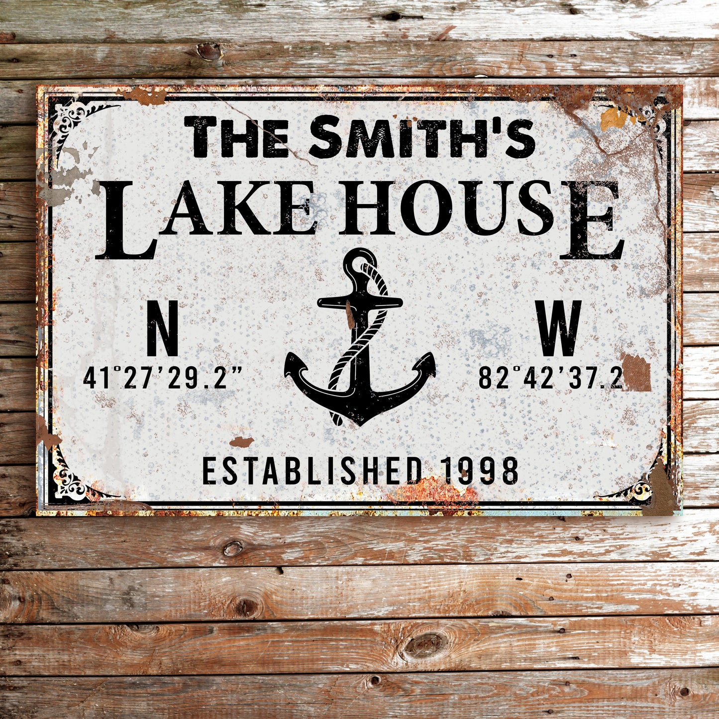 Personalized family lake house canvas sign with rustic anchor design, name and year