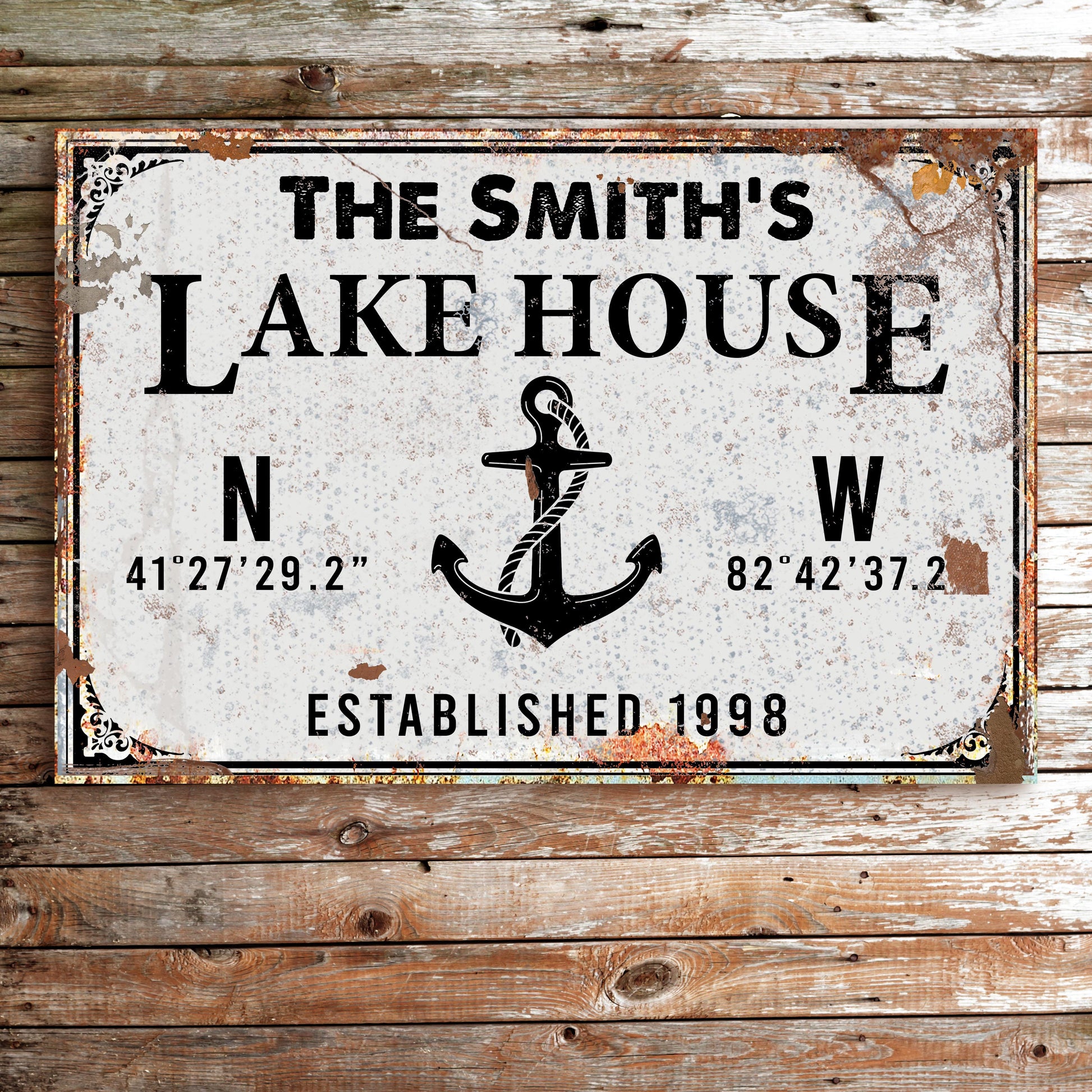 Personalized family lake house canvas sign with rustic anchor design, name and year