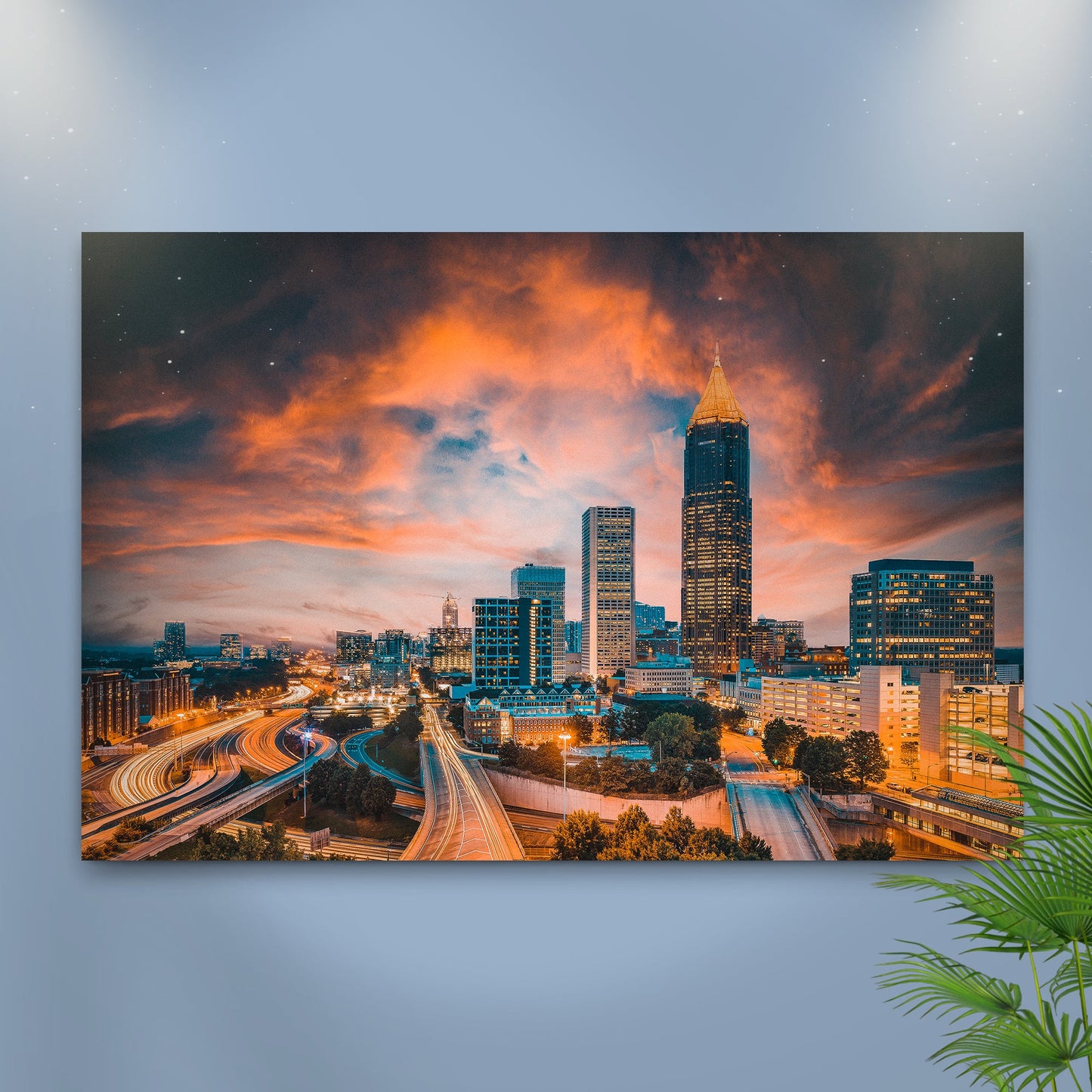 Atlanta city night skyline canvas wall art with glowing skyscrapers