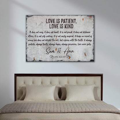 Love Is Patient Love Is Kind rustic faith canvas wall sign