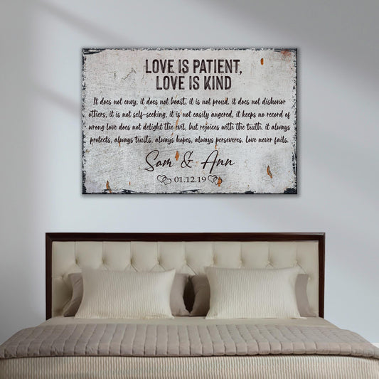 Love Is Patient Love Is Kind rustic faith canvas wall sign