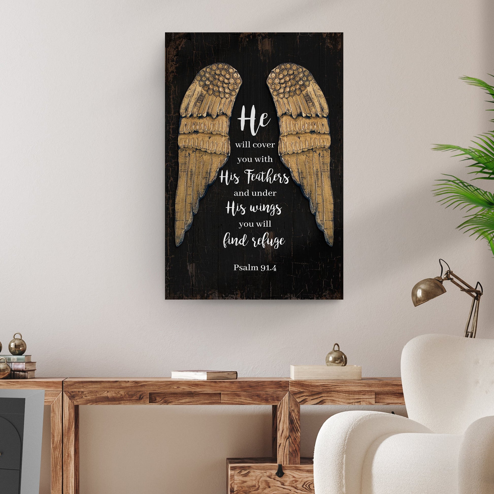 Psalm 91:4 He Will Cover You rustic word-art canvas sign, gallery-wrapped and ready to hang