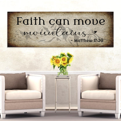 Faith Can Move Mountains Aged-Look canvas shown in a styled room setting, view 2