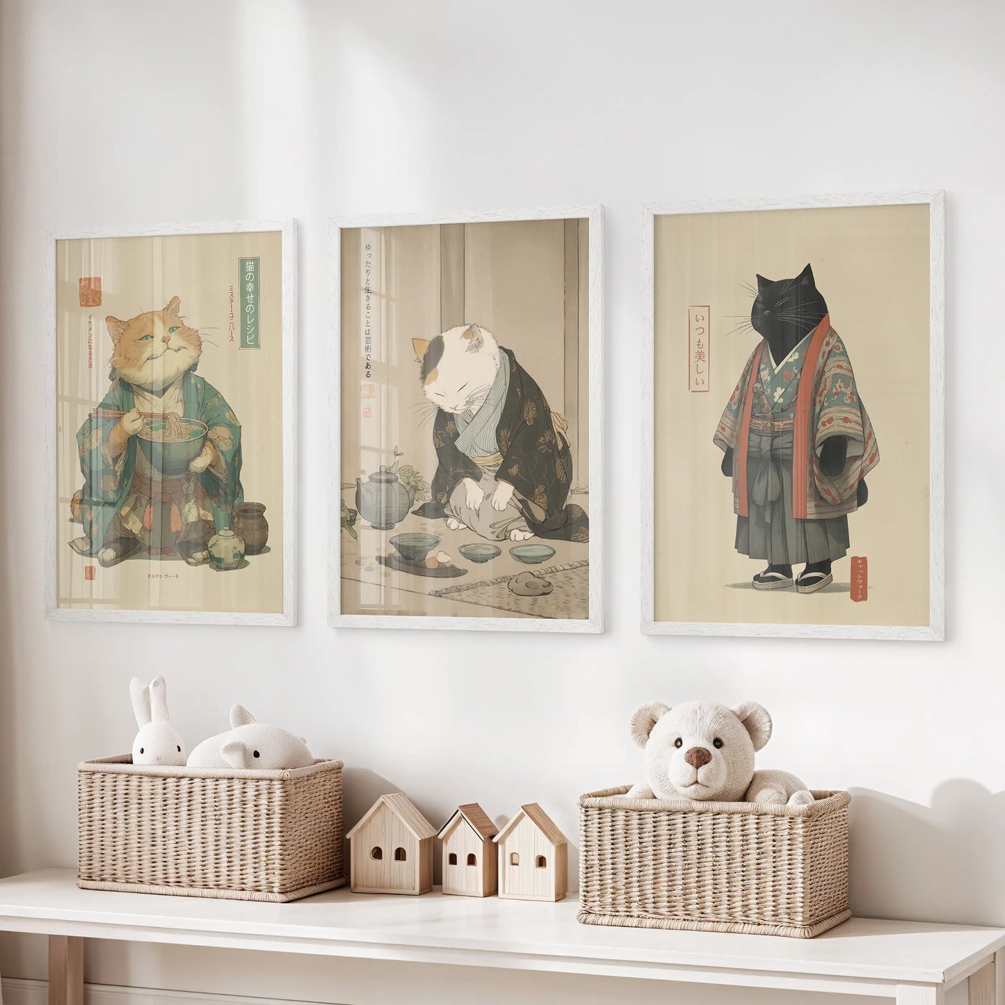 Japanese Ukiyo-e Cat Wall Art, Tea Ceremony Set of 3