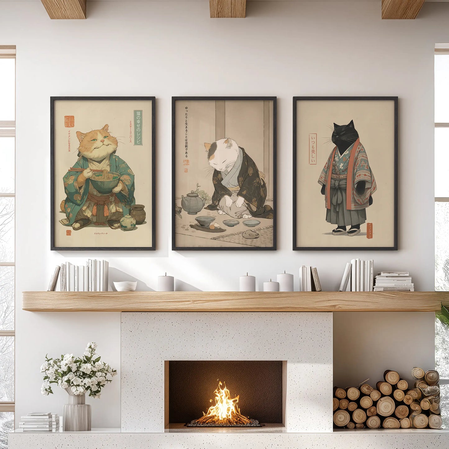 Japanese Ukiyo-e Cat Wall Art, Tea Ceremony Set of 3