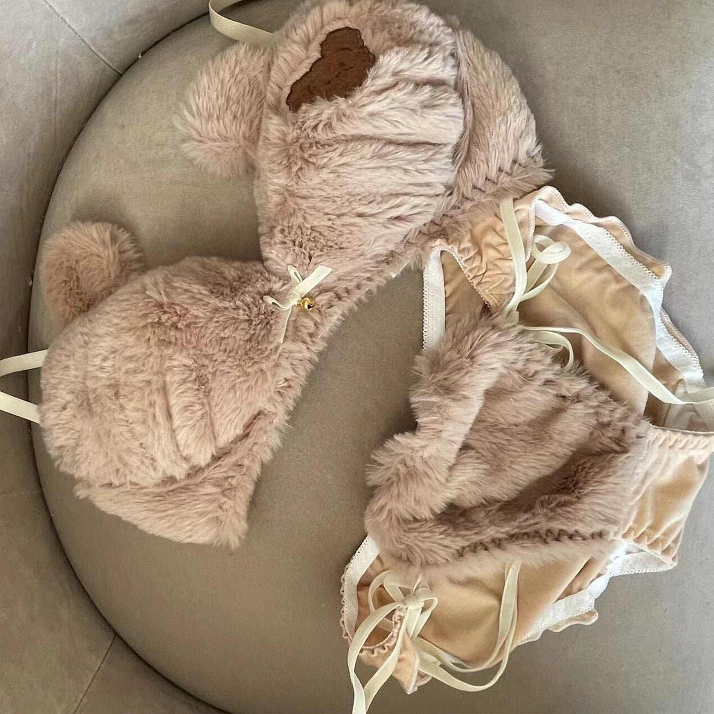 teddy brown fuzzy lingerie set on bed