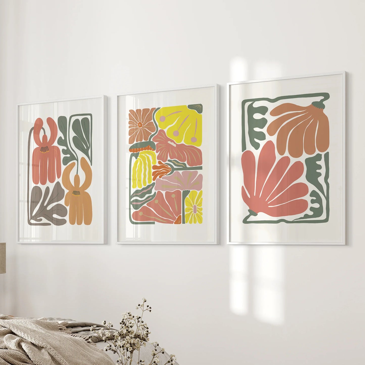 Boho Botanical Wall Art Set of 3 Abstract Flower Prints
