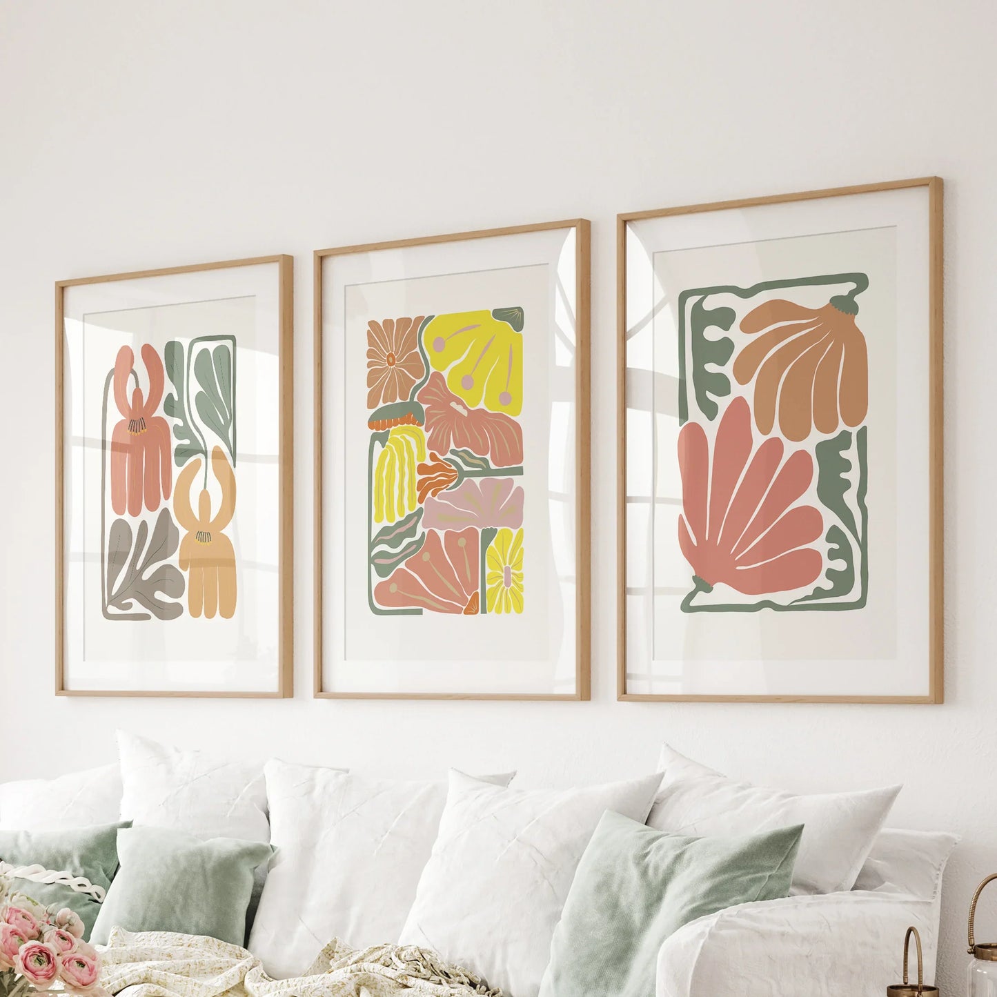 Boho Botanical Wall Art Set of 3 Abstract Flower Prints