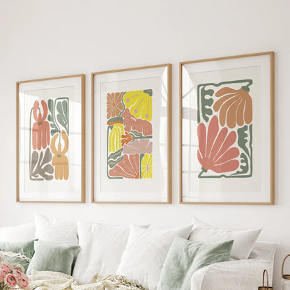 Boho Botanical Wall Art Set of 3 Abstract Flower Prints