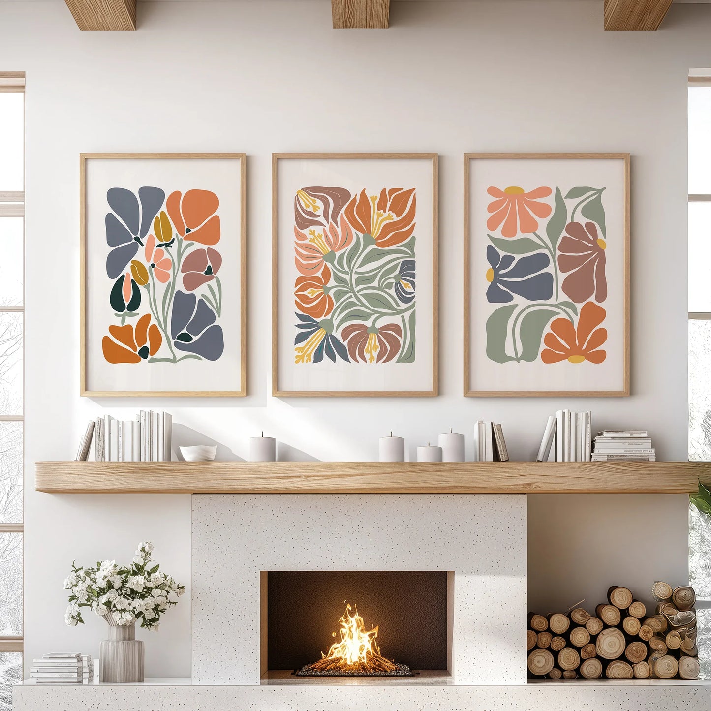 Boho Botanical Wall Art Set of 3 Abstract Flowers