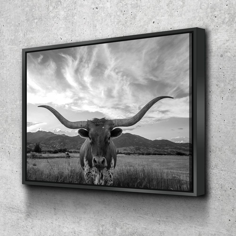 Texas Longhorn black and white canvas wall art, ranch decor