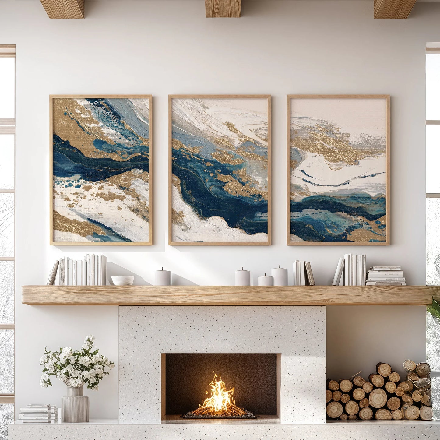 Gold and Blue Brush Stroke Abstract Wall Art Set of 3