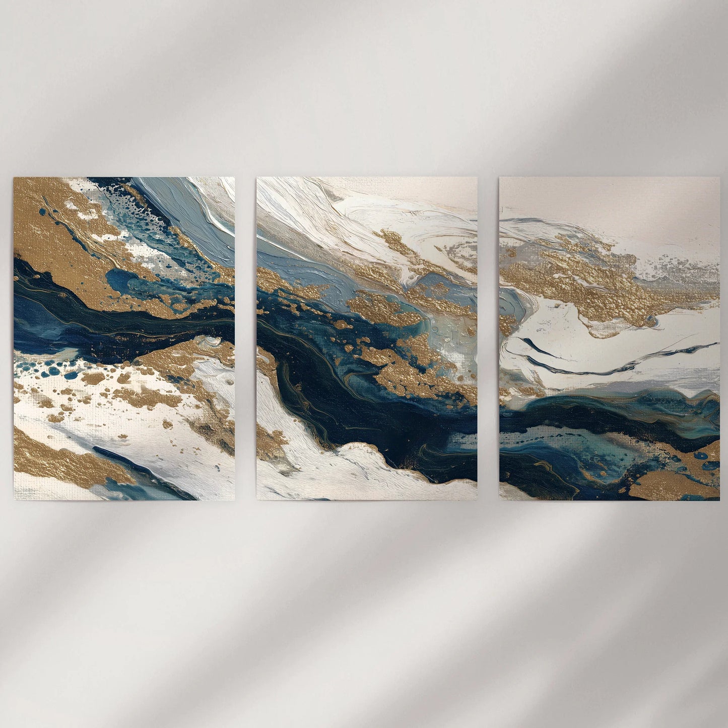 Gold and Blue Brush Stroke Abstract Wall Art Set of 3
