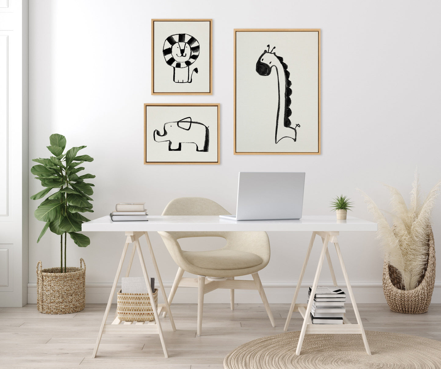 Giraffe, Lion and Elephant Black and White Canvas Set