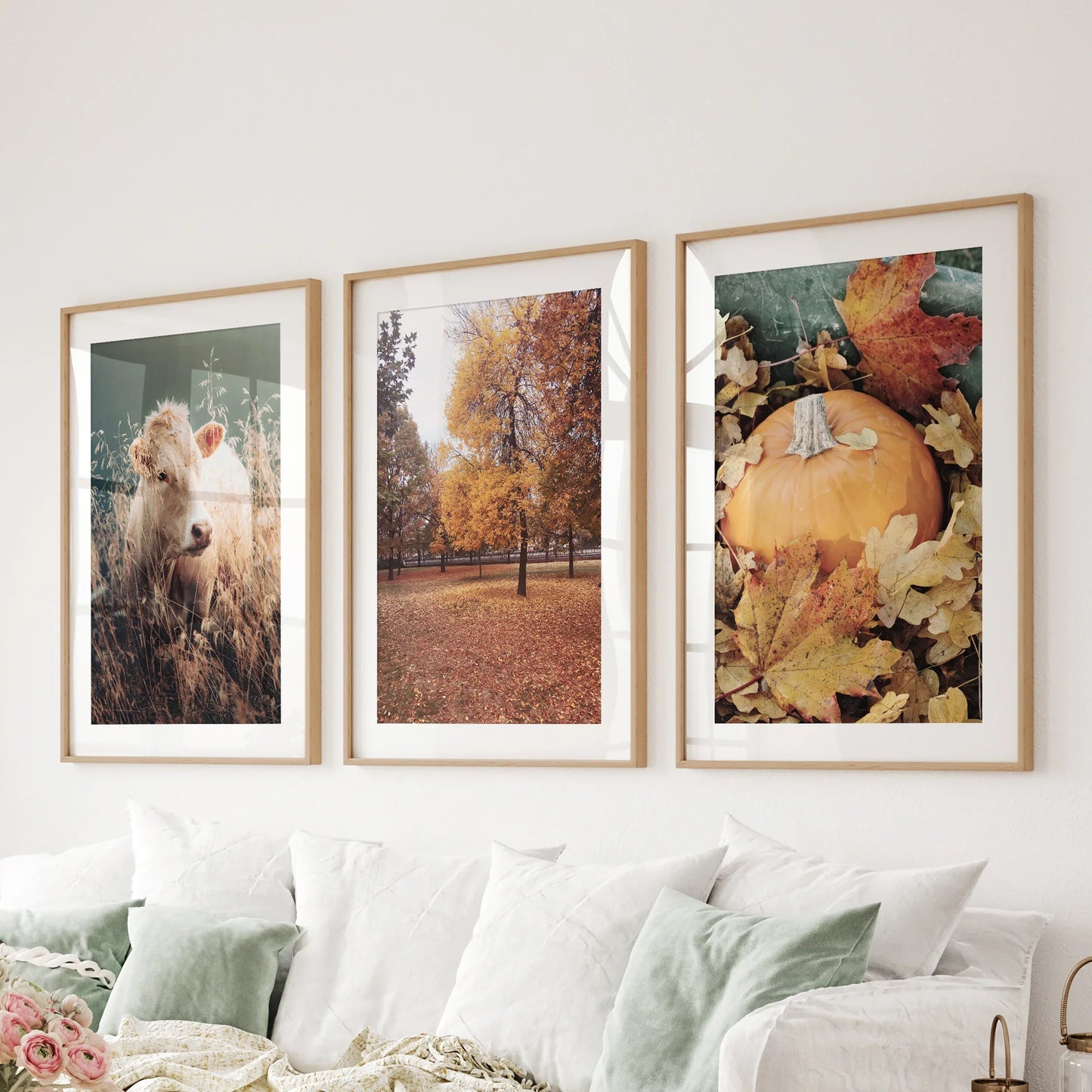 Autumn Farmhouse Wall Art Set of 3 Cow and Fall Prints