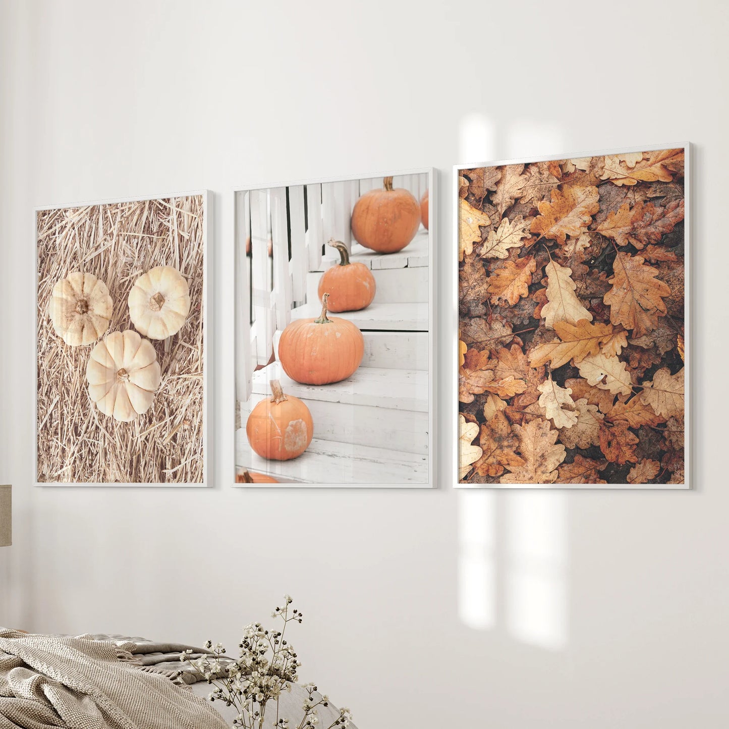 Cozy Fall Wall Art Set of 3 Pumpkins and Autumn Leaves