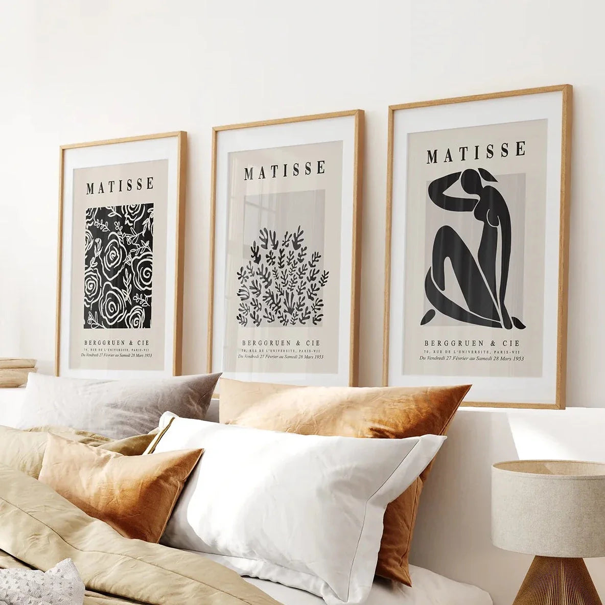 Black beige abstract wall art set of 3 vintage prints