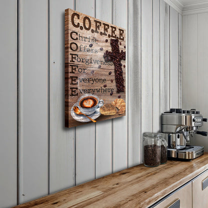 Christ Offers Forgiveness Coffee Bean Cross Brown canvas shown in a styled room setting, view 3