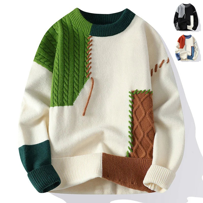 three color patch knit sweaters in green orange and gray