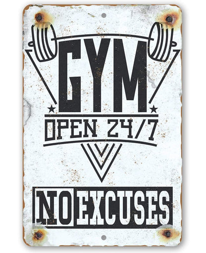 Gym 24/7 No Excuses motivational metal sign on aluminum for a home gym, easy to hang