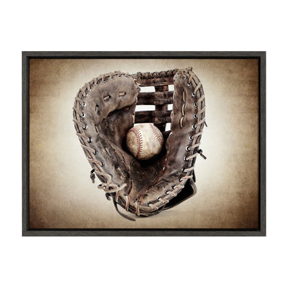 Vintage baseball glove framed canvas wall art in gray frame, easy to hang