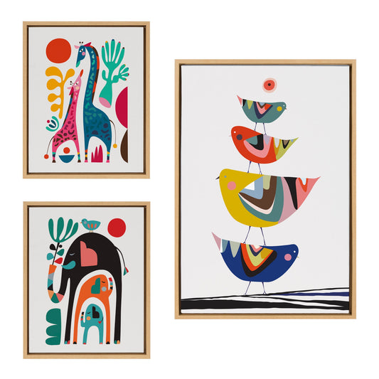Family tree birds giraffe love and three elephants framed canvas wall art set