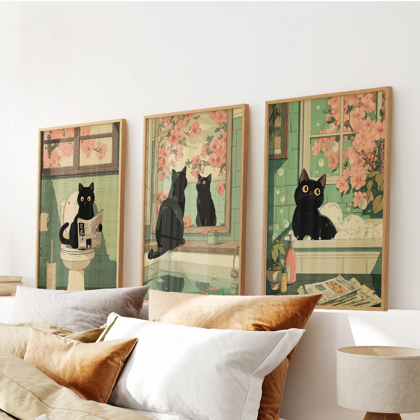 Funny Japanese Cat Bathroom Wall Art Set of 3