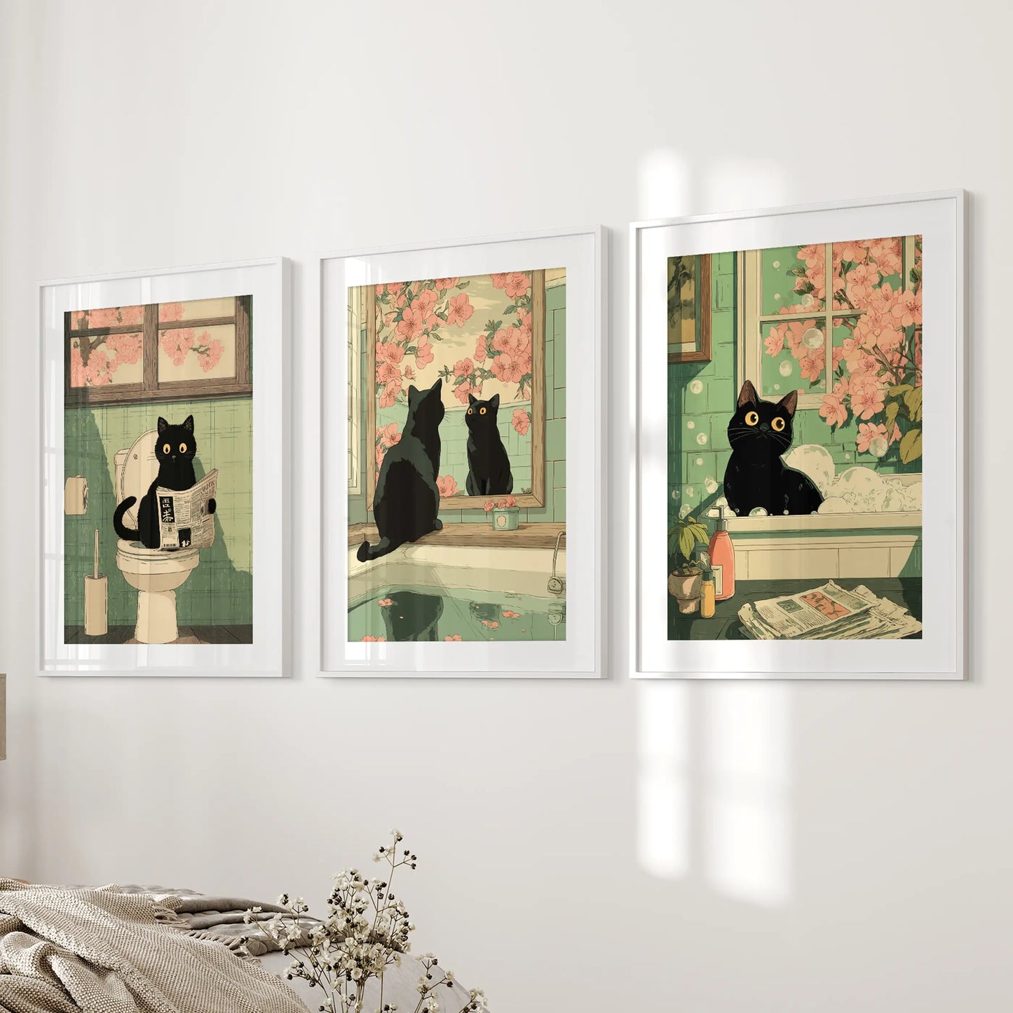 Funny Japanese Cat Bathroom Wall Art Set of 3