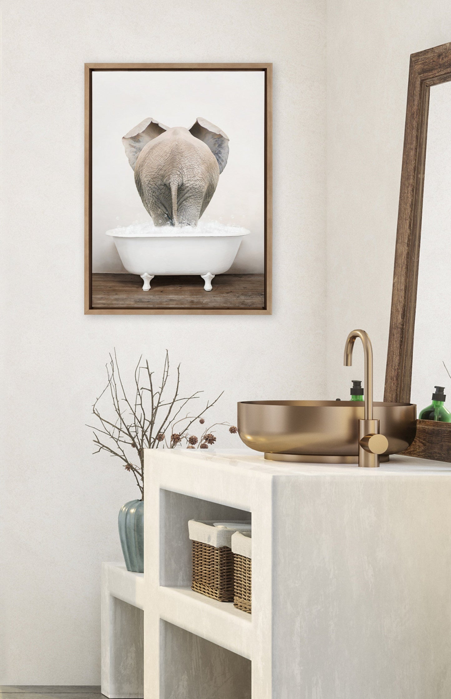 Elephant Back in Rustic Bath Framed Canvas Wall Art