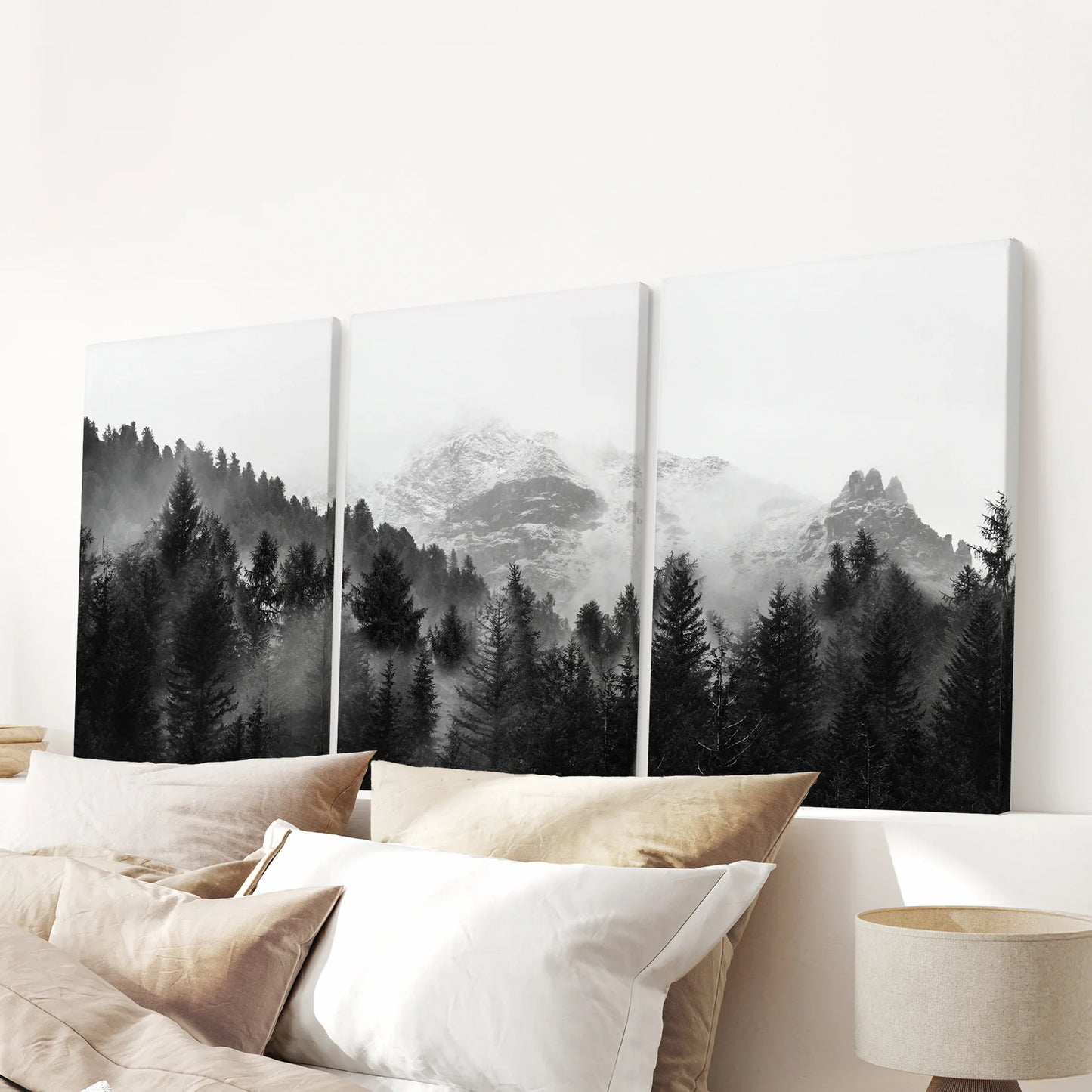 Misty Mountain Forest Wall Art Set of 3 Black and White